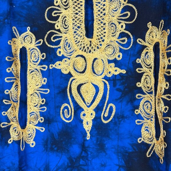 Handmade African Dashiki Shirt Small Blue Batik Tie Dye Gold Embroidered Pockets - Picture 4 of 9